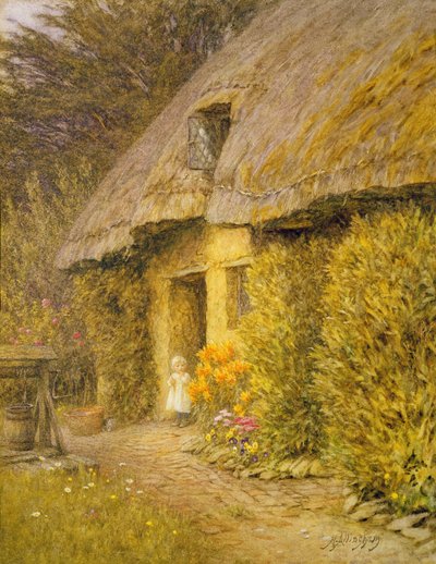 Ein Kind an der Tür eines strohgedeckten Cottages von Helen Allingham